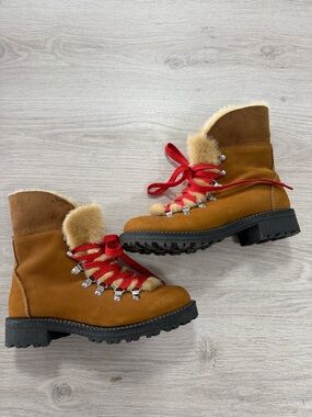 J. Crew Tan Suede Lace-Up Boots with Red Laces